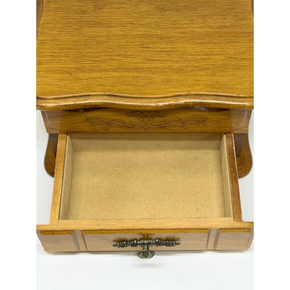 VTG Montgomery Ward Wood Jewelry Box 7.5x5 Rustic Floral Drawers Keepsake Chest - Picture 4 of 9